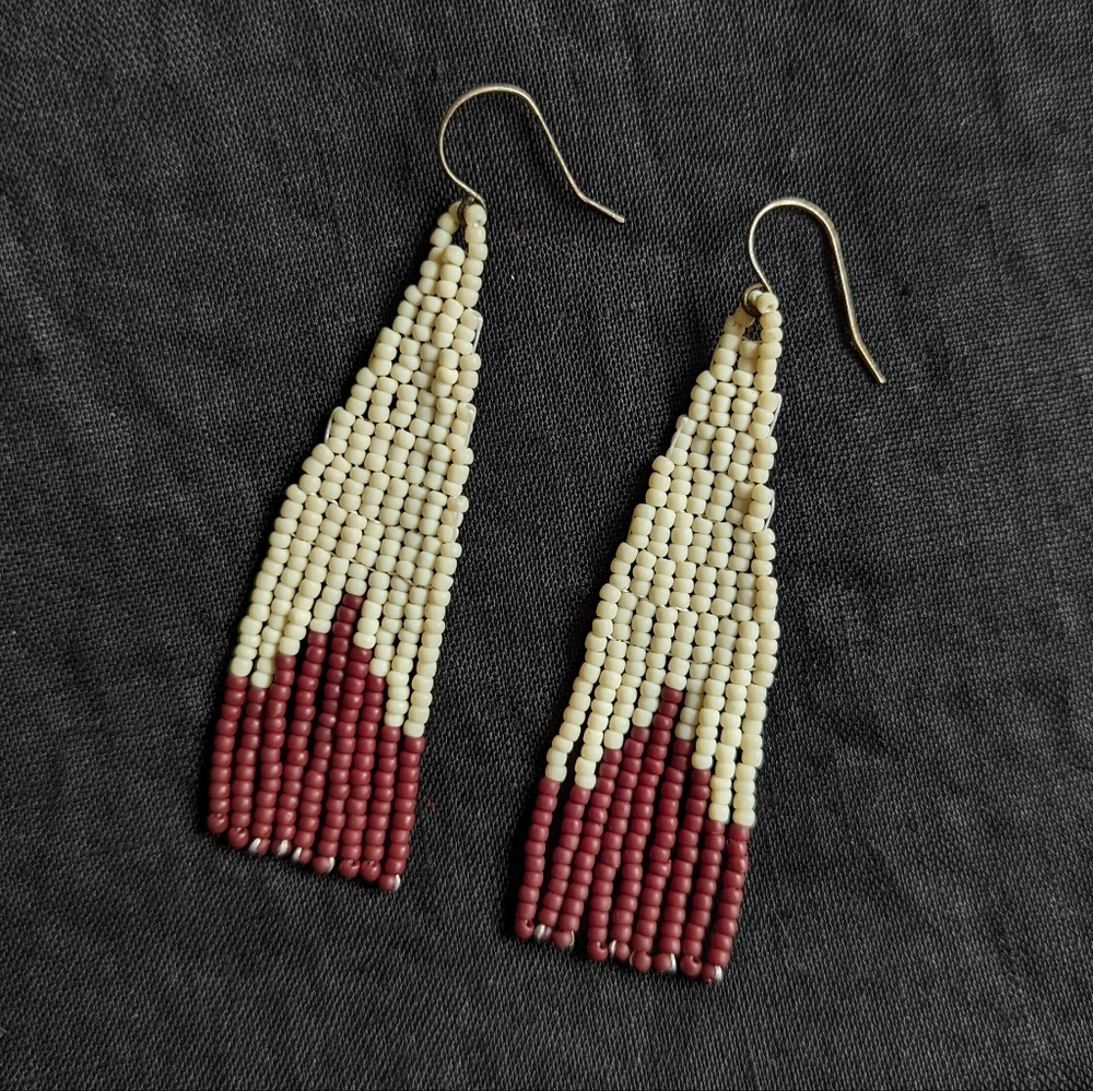 Cream & mahogany hand woven beaded fringe earrings